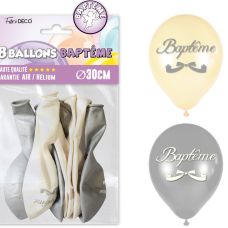 Ballon Baptême blanc et argent en latex Ø30cm x8 pièces